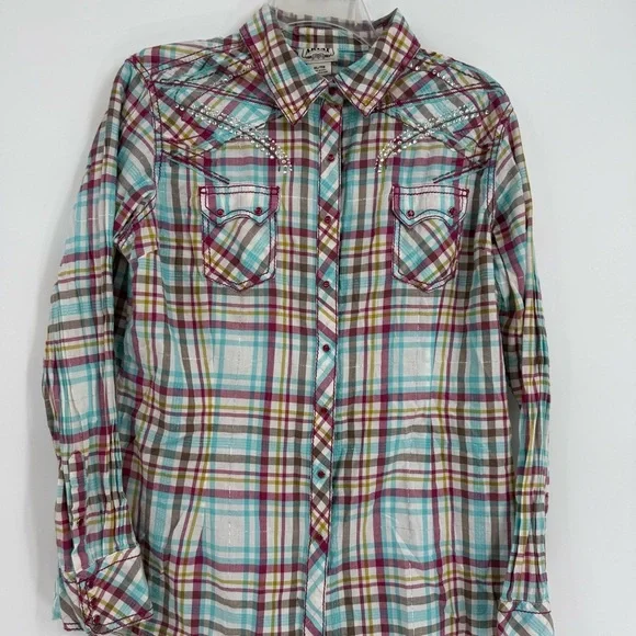 Ariat Women's Long Sleeve Top Plaid Pearl Snap Shirt Size XL Sequins Western - Picture 4 of 10